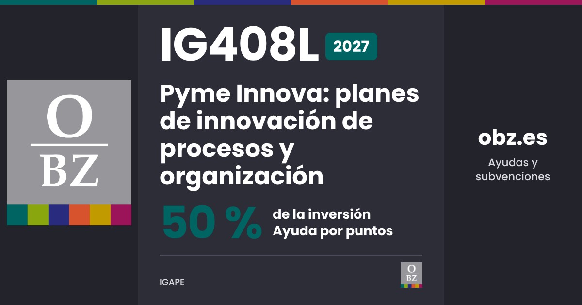 IG408L 2027 de IGAPE: Pyme Innova: planes de innovación de procesos y organización. 50 % de la inversión, por puntos.