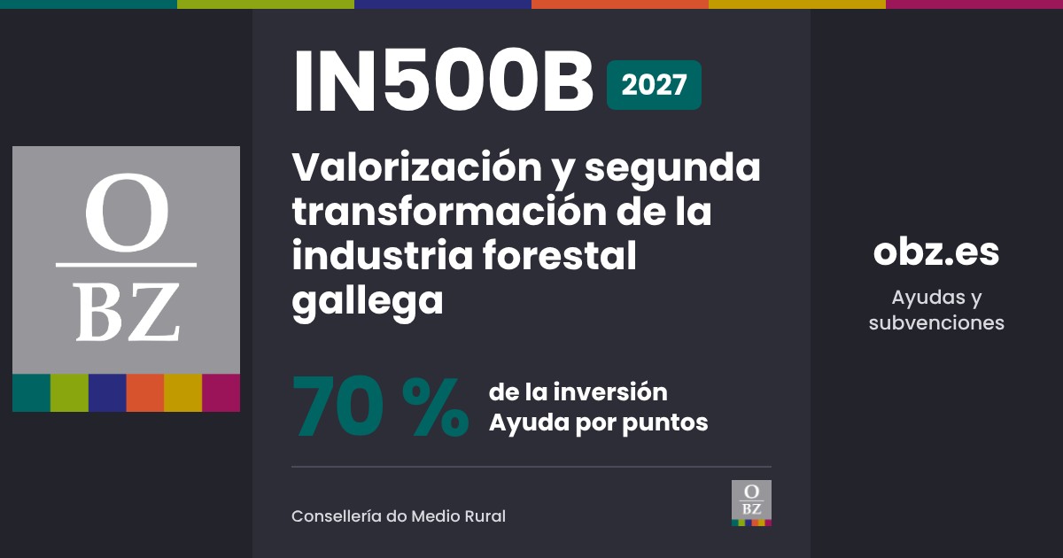 IN500B 2027 de Consellería do Medio Rural: Valorización y segunda transformación de la industria forestal gallega. 70 % de la inversión, por puntos.