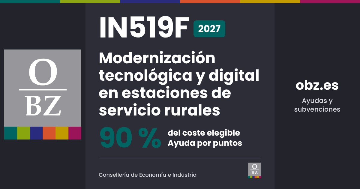 IN519F 2027 de la Consellería de Economía e Industria: Modernización tecnológica y digital en estaciones de servicio rurales. 90 % del coste elegible, por puntos.