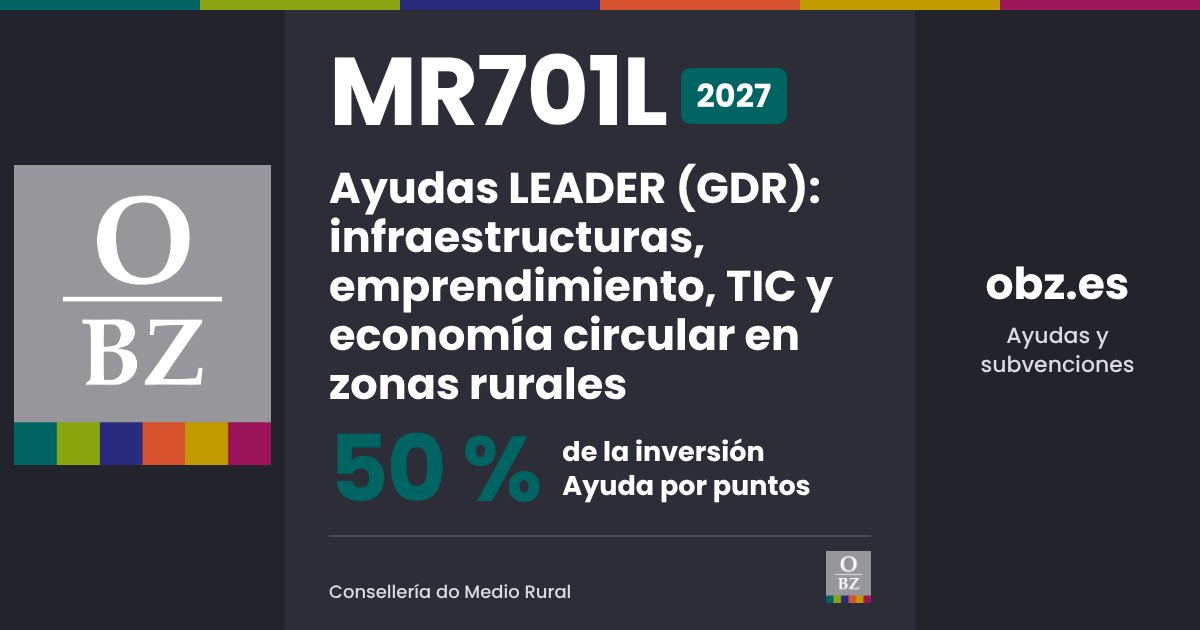 MR701L 2027 de Consellería do Medio Rural: Ayudas LEADER (GDR): infraestructuras, emprendimiento, TIC y economía circular en zonas rurales. 50 % de la inversión, por puntos.