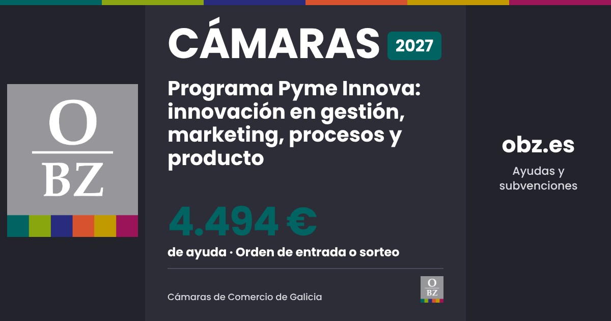 Cámaras 2027 de Cámaras de Comercio de Galicia: Programa Pyme Innova: innovación en gestión, marketing, procesos y producto. 4.494 € de ayuda, por orden de entrada o sorteo.