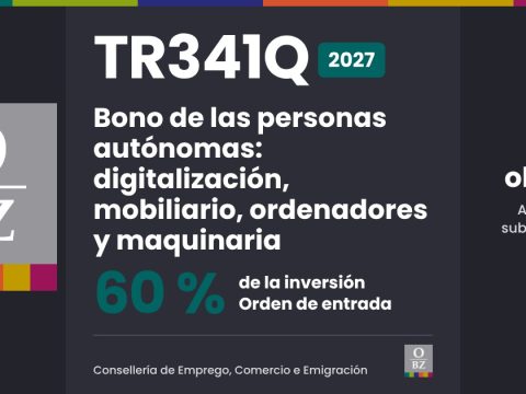 TR341Q 2027 de Consellería de Emprego, Comercio e Emigración: Bono de las personas autónomas: digitalización, mobiliario, ordenadores y maquinaria. 60 % de la inversión, por orden de entrada.