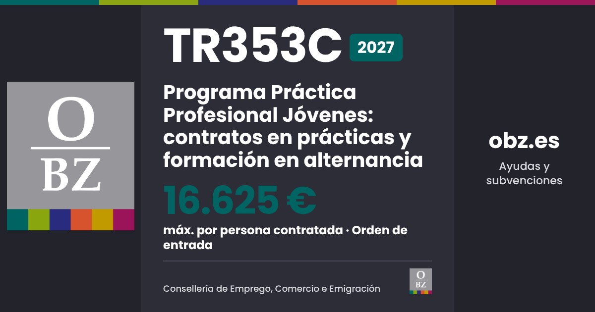 TR353C 2027: Programa Práctica Profesional Jóvenes, hasta 16.625 € por persona contratada, orden de entrada