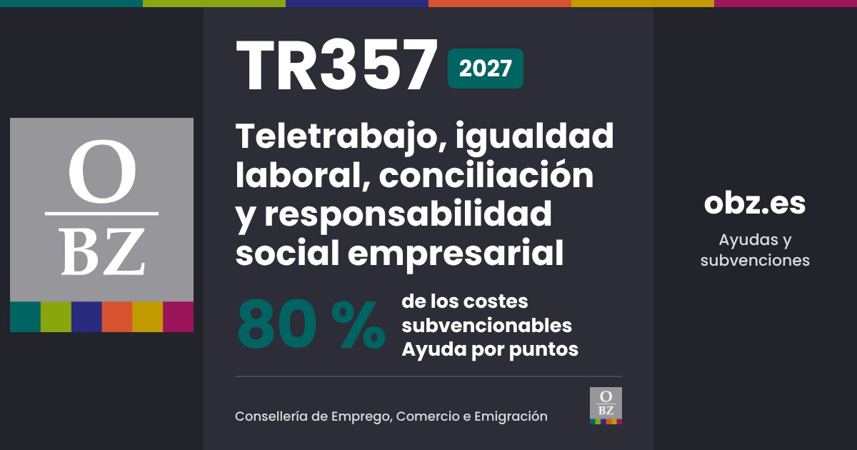 TR357 2027: ayudas a teletrabajo, igualdad, conciliación y RSE, hasta el 80 % de los costes, ayuda por puntos