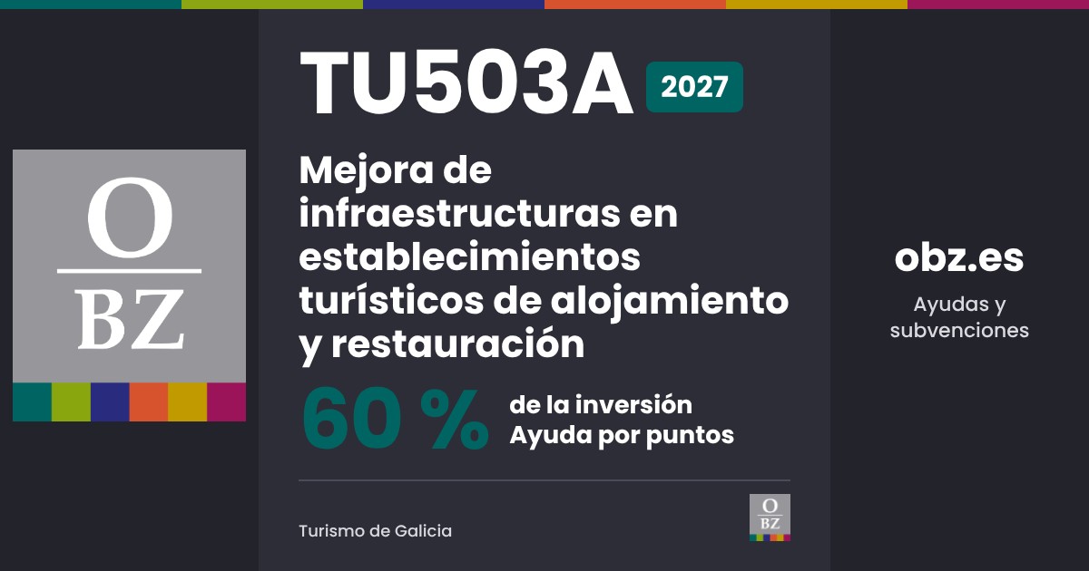 TU503A 2027 de Turismo de Galicia: Mejora de infraestructuras en establecimientos turísticos de alojamiento y restauración. 60 % de la inversión, por puntos.